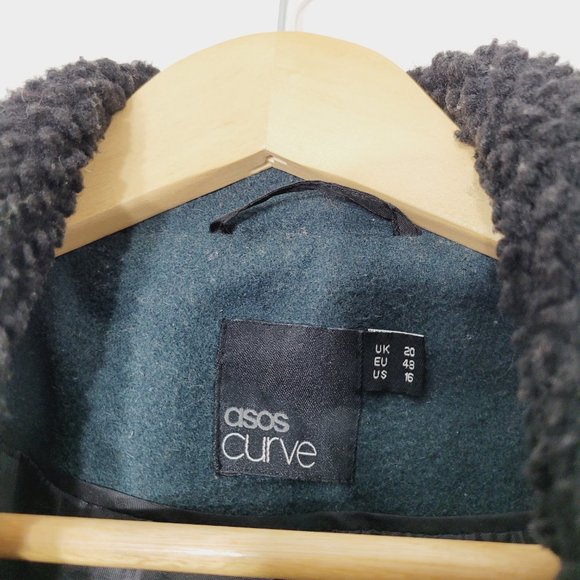 Asos Curve Faux Leather Zip Moto Jacket Wool Blend Coat Black Teal Plus Size 16 - Picture 8 of 13